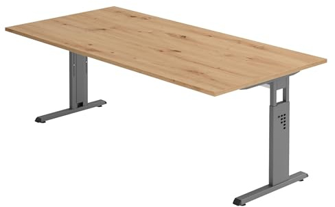 bümö höhenverstellbarer Schreibtisch O-Serie 200x100 cm in Asteiche, Gestell in Graphit - großer PC Tisch für's Büro manuell höhenverstellbar, Computertisch verstellbar