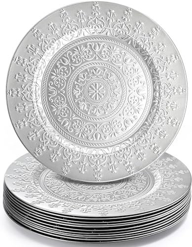 YOUEON 13 Inch Silver Charger Plates Set of 12, Round Plastic Chargers with Floral Pattern, Silver Chargers for Dinner Plates, Party, Wedding, Catering Event, Table Decor