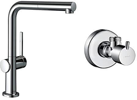 hansgrohe Set mit Küchenarmatur Talis M54, Wasserhahn Küche mit Auslauf Höhe 270mm, mit Ausziehauslauf, 360° drehbar, 1 Strahlart + Eckventil S (Chrom)