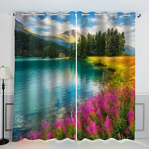 Vorhang Schlafzimmer Alpen Gardine Blickdicht Perforierte aus Polyester mit 3D-Digitaldruck 2 Stücke Landschaft Natur See Vorhänge für Wohnzimmerdekoration 260x140（2x130x140）
