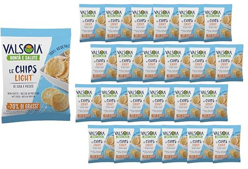 Valsoia - Le Chips Light, Vegetali di Soia e Patate, Box Da 24 Confezioni da 25 Grammi, 100% Vegetale, Ricco di Proteine e Fibre, Ideali per Vegani e Vegetariani, Perfetto come Spuntino