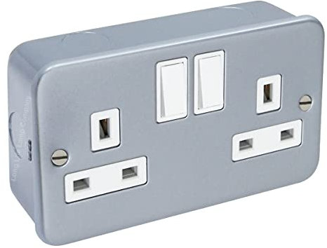 Metal Clad INDUSTRIAL SOCKET 13 Amp Double 3 Pin UK Wall Plug Switched Socket - Grey