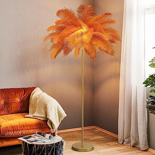 JAMCHE Ostrich Feather Floor Lamp 3 Color Temperatures 1.6m Standing Lamp Tall with Foot Switch Golden Lamp Body Tall Lamps for Living Room Bedroom 6 LED Bulb (Orange)