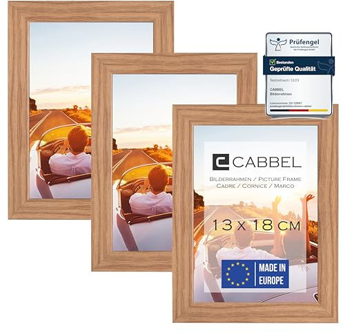 CABBEL 3er Set Bilderrahmen 13x18 MDF Holz-Rahmen mit bruchsicherem Acrylglas in Eiche