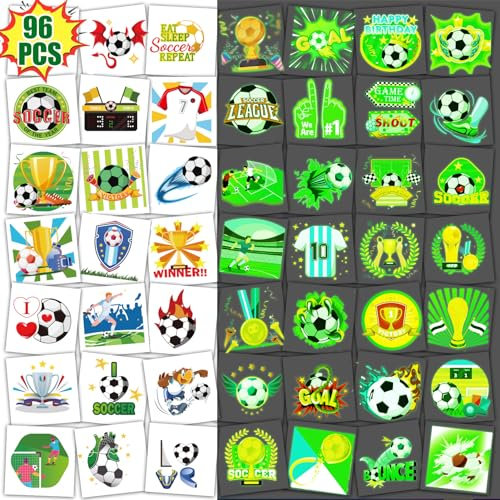 Qpout 96Pcs Fußballsport temporäre Tattoos für Kinder leuchtendes Fußballspiel wasserdichte Tätowierungen leuchten im Dunkeln Europapokal Fußballaufkleber für Fußball Thema Geburtstagsfeier