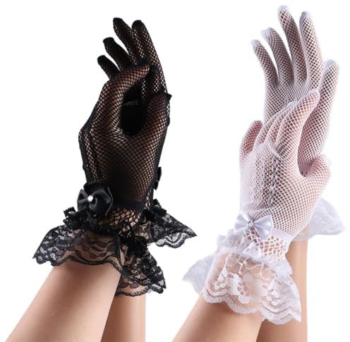 Teegxddy 2 Pares Guantes Cortos De Encaje Para Mujer Guantes De Encaje,Guantes De Ópera Vintage