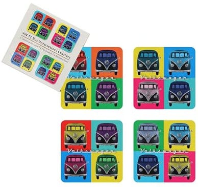 BRISA VW Collection - Volkswagen Getränke-Glas-Kork-Untersetzer mit MDF Beschichtung und Bulli Design (4ER Set/Multicolor/Bunt)