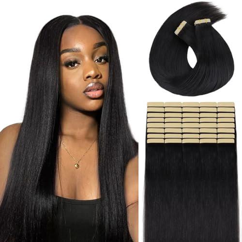 Lashey Tape Extensions Echthaar 50cm(20zoll) 40pcs 100g Yaki Glatt Echthaar Tape Extensions Natürlich Schwarz Haarverlängerungen Echthaar für Frauen Invisible and Skin Weft Tape ins