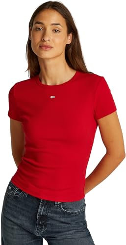 Tommy Jeans Damen T-Shirt Kurzarm Essential Rib Slim Fit, Rot (Red Hot), L