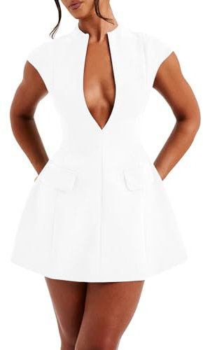 LuFeng Women's Summer Sexy Cap Sleeve Deep V Neck Zipper A Line Hollow Out Bodycon Party Dress, blank, M