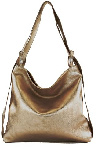 modamoda de T192 Damen Leder Rucksack Schultertasche 2in1 handmade in Italy, Farbe:Altgold-Metallic