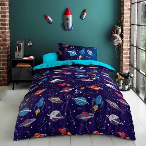 GC GAVENO CAVAILIA Kids Space Single Bedding Set For Boys | Microfiber Universe Planets Comforter Hypoallergenic Quilt Cover | Multi