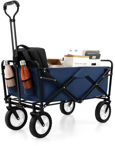 GYMAX Chariot de Plage à 4 roulettes, Espace de Rangement 82L, 2 Poches Latérales, Poignée Réglable en Hauteur et en Angle, pour Courses, Jardin, Randonnée, Camping (Bleu)