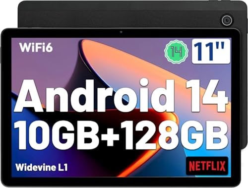 FECLYDET Tablet 11 Zoll Android 14 Tablet Octa-Core, Face ID/OTG,10(4+6) GB RAM+128GB ROM, 5MP+8MP, WiFi 6/BT5.3, Split-Screen, Drahtlose Projektion, 6800mAh, 1280 * 800 IPS, Widevine L1(Black)