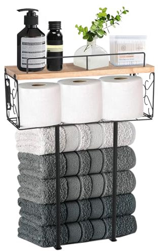 HOVNKUT Toallero de Pared para baño pequeño, estantes de Madera con Cesta de Alambre, Organizador de Almacenamiento de Toallas de baño de 3 Niveles, Capacidad para 4 Toallas enrolladas, Ahorro de