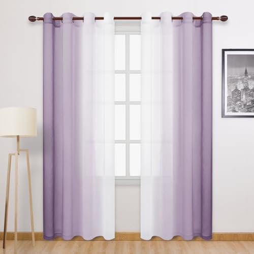 DWCN Durchsichtige Vorhänge aus Leinenimitat, Lavendel, 213,4 cm lang, Farbverlauf, Halbvoile, Vorhänge für Schlafzimmer und Wohnzimmer, Set mit 2 Ösen, 132 x 213 cm lang, Lavendel