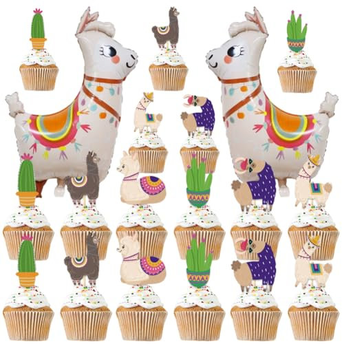 PLNVNVP 26 Stück Alpaka Cupcake Topper, Folienballon Lama Alpaka Kaktus Die Wüste Tortendeko Alpaka Kaktus Deko Geburtstag, Alpaka Folienballon, für Cupcake DIY Deko Geburtstag Party