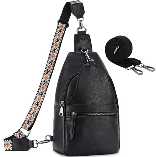 Kasgo Große Brusttasche Damen, Sling Bag PU Leder 5,6L Rucksack Cabriolet Crossbody Bag Umhängetasche Schultertasche Gürteltasche für Wandern Arbeit Sport Reise Schwarz