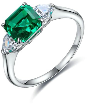 Bishilin Trauring Weißgold Einzeln, Ring Damen 585 Echtgold mit 3 Steine 1.5ct Smaragd und Moissanit Verlobungsringe Eheringe ohne Nickel Größe58 (18.5)