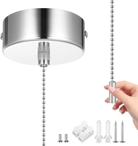 Pull Cord Light Switch Bathroom, Bathroom Ceiling Light Pull Cord Switch, Top Mounted Round Ceiling Pendant Light Switch Fitting Kit with Chain Kit Chrome Plated Bathroom Accessories 150c, Silver