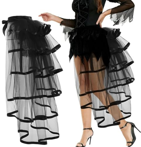 Steampunk Tüllrock Damen, Bustle Röcke Viktorianisch, Petticoat Retro Klassischer, Schwarzer Tüll Tutu Damen, Tutu Gürtel für Kostümparty Karnevalskostüm, Abnehmbare Schleppe