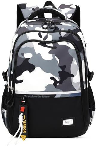 CUURODY Herren Rucksack Groß Jungen Schulrucksack mit Mode Aufdruck 15.6 Zoll Laptop Daypack Wasserdicht Polyester Lässig Campus Reise Tagesrucksack Schwarz E