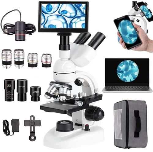 Microscopio Trinoculare 40x-5000x,Microscopio Trinoculare Composto A Led Da Laboratorio-Oculare Elettronico + Display Da 7 + Rotazione A 360°, Per Operazioni Di Apprendimento/Sperimentali,White