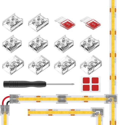 BTF-LIGHTING 10pcs 2PIN 8mm Transparentes Verbinder Kit Streifen-zu-Streifen Streifen-zu-Draht T-förmiger Verbinder mit festen Clips für FCOB SMD Einfarbige LED-Streifen Lötfreie Verbindung