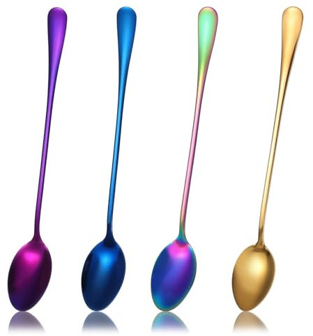 4pcs 7.67 Inch Long Handle Ice Tea Spoons Ice Cream Spoons Cocktail Stir Spoons Plated Latte Spoon Stainless Steel Teaspoons Colored Coffee Spoons Stainless Steel Stirring Spoons for Milkshake Dessert