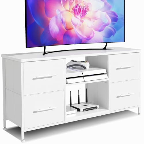 KIRVOVIY Chest of Drawers, Fabric Storage Drawers for Bedroom, TV Stand with Storage Shelf, Castors and Metal Frame (White)