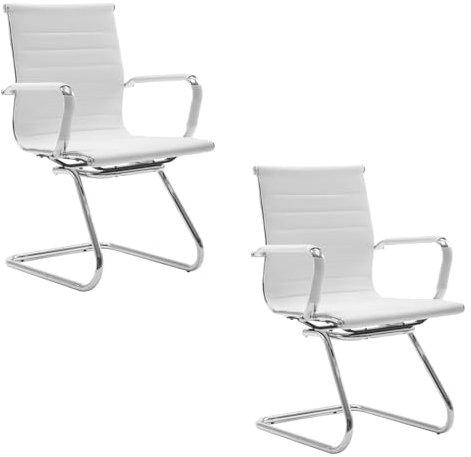 chairus Freischwinger Stühle 2er Set, PU-Leder Besucherstuhl Konferenzstuhl Ergonomisch mit Armlehnen, Bürostühle Konferenz-Raum/Wartezimmer/Büro,Weiß