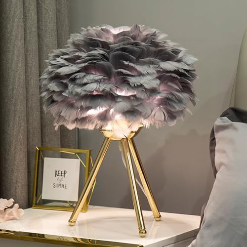 Mengjay Romantische LED Feder Tischlampe E27 Fassung - Elegantes Design mit goldenem Metallständer, 1,5m Kabel mit Schalter (ohne Birne) - Dekoleuchte für Wohnzimmer & Schlafzimmer (Grau)