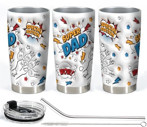VEELU Personalised Dad Tumbler with Names 20oz Stainless Steel Insulated Travel Mug with Lid & Straw Custom Super Dad Gifts for Father's Day, Coffee Cup