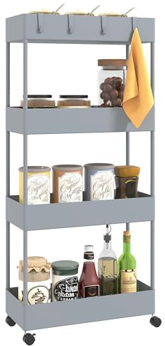 HOMCOM Carro de Cocina de Almacenamiento de 4 Niveles Carrito Auxiliar con Ruedas 4 Cestas y 4 Ganchos Extraíbles Carrito de Cocina para Comedor Baño Salón 40x19x90 cm Gris