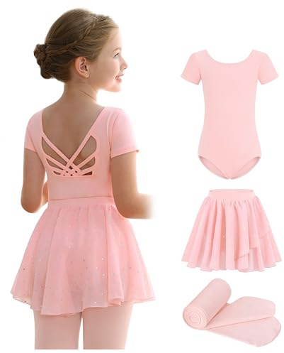 MdnMd Ballet Leotards for Girls with Skirt Tights Combo Dance Dresses for Toddler Ballerina Outfit Hollow Knot Back Short Sleeve (Ballet Pink, 6-8 Years)