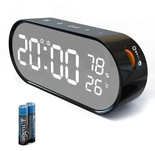 Voniobuy Reloj Despertador Digital, Reloj con Gran Pantalla LED Táctil, 2 Alarmas 12/24H, Función Snooze/Brillo Ajustable, Seguimiento de Humedad y Temperatura para Mañana y Noche, Pilas o Puerto USB