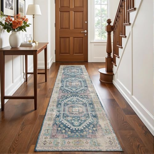 Decoranddecor Traditional Washable Hallway Runner Rug 60x240cm Non-Slip | Blue Hall Runner, Kitchen Runner, Machine Washable Rug, Area Rug, 6mm Low Pile, Pet Friendly, Stain Resistant