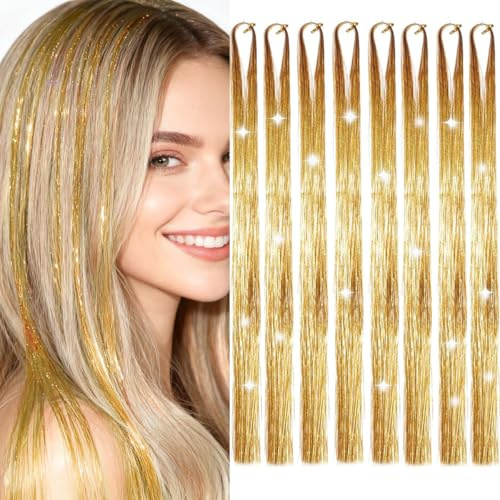 Hair Tinsel, 127cm 8 Packungen 1600 Strähnen, Glitzer-Lametta-Haarverlängerungen, hitzebeständige Feen-Haaraccessoires für Mädchen, Frauen und Kinder, Weihnachten, Neujahr, Cosplay (Golden)