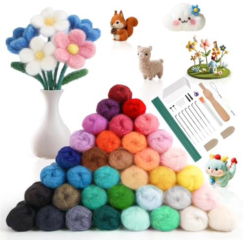 GENHH 36 Farben Nadelfilz Set, Filzwolle Roving, 108g Filzen Starterset | Märchenwolle mit Grundwerkzeugen&Zubehör für Blumenstrauß Frühlingsdeko Wollfilzset für Nassfilzen Trockenfilzen DIY Handwerk