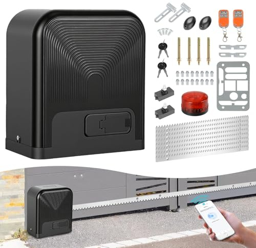 Joparri Smart WiFi 1600kg 750W Motore Cancello Scorrevole Porte Scorrevoli per Operatore con 2 telecomandi, Cremagliera da 4 m, 4 chiavi di sblocco e luce di allarme, per Giardino Garage