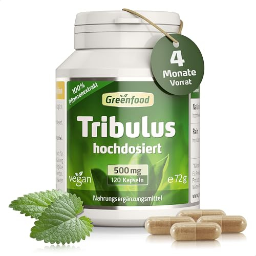 Tribulus Terrestris, 500 mg, hochdosiert, 120 Kapseln - OHNE Zusätze | Hoch konzentriert, für normale Blutfett-Werte, laborgeprüft, ohne Gentechnik, glutenfrei, laktosefrei