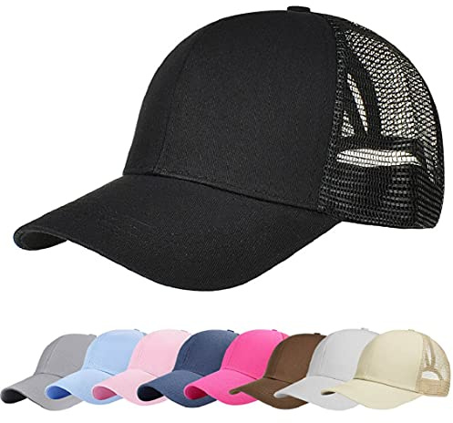 heekpek Women Baseball Cap Messy Bun Ponytail Half Mesh Adjustable Cap Summer Hat (Black)(Size: One Size)