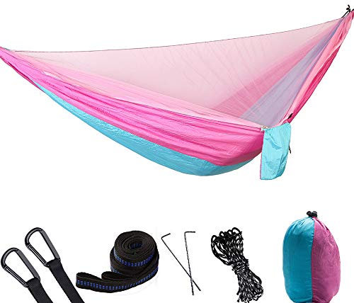KOSSJAA Camping hängematte Outdoor Tragkraft 300KG Reisehängematte moskitonetz 2 Personen Camping Reise Garten Sport(290 x140 cm, pink/blau)
