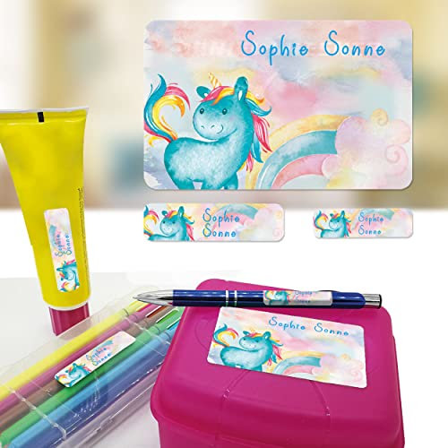 Sunnywall® Einhorn Unicorn Namensaufkleber Stife-Aufkleber Federmappe Kinder & Erwachsene Namen Sticker Aufkleber Sticker 79 Stück Schule und Kindergarten - wasserfest