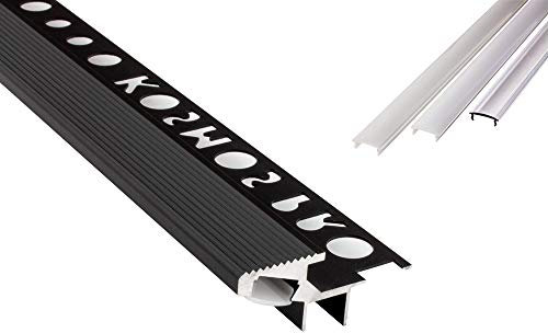 T-40 20° LED Alu Fliesenprofil Treppenprofil Stufen 10mm schwarz + Abdeckung Abschlussleiste Fliesen für LED-Streifen-Strip 2m klar