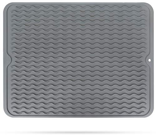 STYDDI Rubber Draining Board Mat, 40x30 cm(15.8x12 inches) Silicone Drying Mat for Dishes, Cup, Plate, Countertop, Heat Resistant Trivet, Glass & Stemware(Grey)