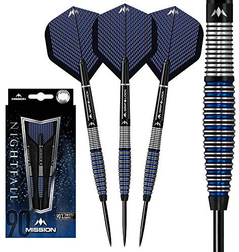 Mission Darts #_D1529 Nightfall | 22 g Premium 90% Wolfram Curved Barrel Dart-Set mit Stahlspitzen inklusive 3 Flights, 3 Missionsschäfte mit S-Lock-Ringen und Punktschutz, M4, Schwarz/Blau