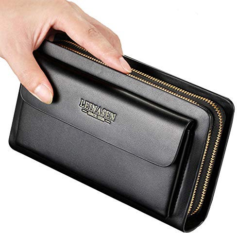 Große Lange Leder-Clutch-Handtasche für Herren, Geldbörse, Reisepass, Geschäft, Handy, Holster, Kreditkartenetui für Vater, Ehemann, Schwarz