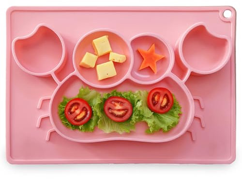 kidoo - Plato Infantil de Silicona - Vajilla de Bebé Antideslizante | 100% Libre de BPA - Aprobado por la FDA - Base Adherente - Apto para Lavavajillas y Microondas - No Tóxico (Rosa, Cangrejo)