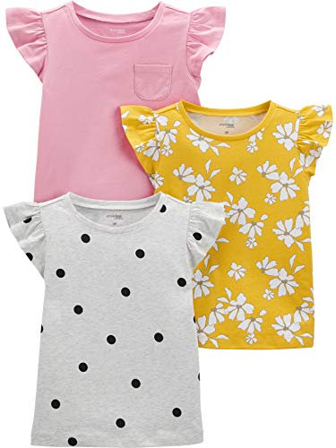 Simple Joys by Carter's Short-Sleeve Shirts and Tops, Pack of 3 Chemise, Gris Motif À Pois/Jaune Fleurs/Rose, 12 Mois (Lot de 3) Bébé Fille